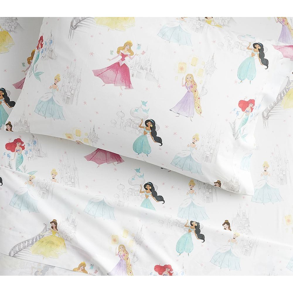 Pottery Barn Kids Twin Disney Princess Mary Blair Organic Cotton Sheet Set White